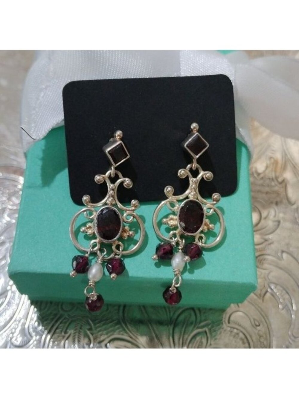 Sterling Silver, Garnets & Pearl Chandelier Earrings